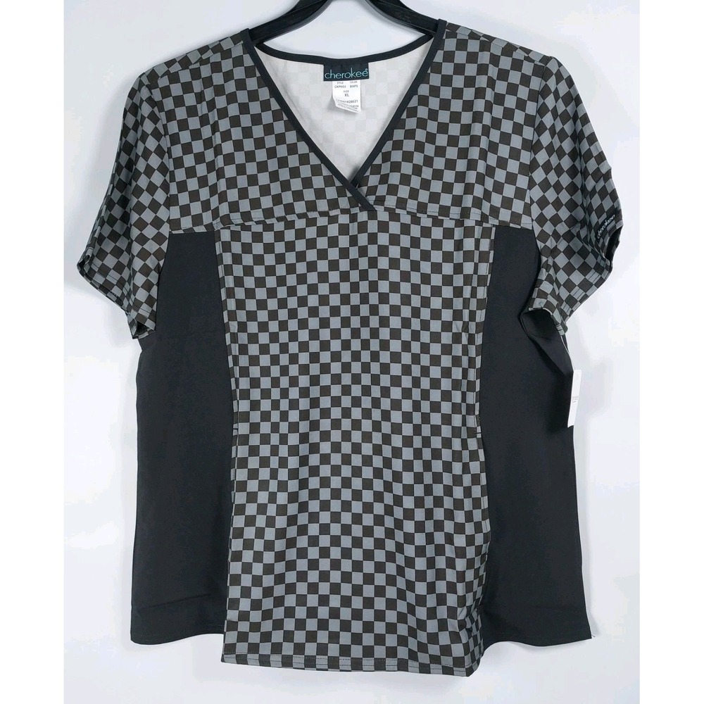 Cherokee Scrub Top Sz XL Black & Gray Checkerboard Panel V-Neck Knit NWT